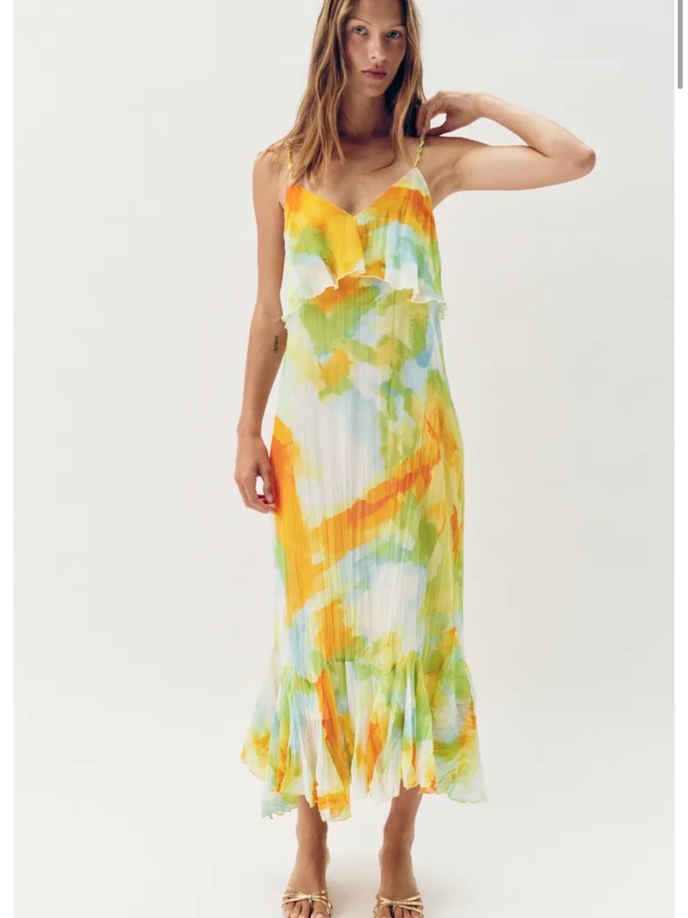 Zara Yellow, Green & Blue Watercolor Ruffle Maxi Dress